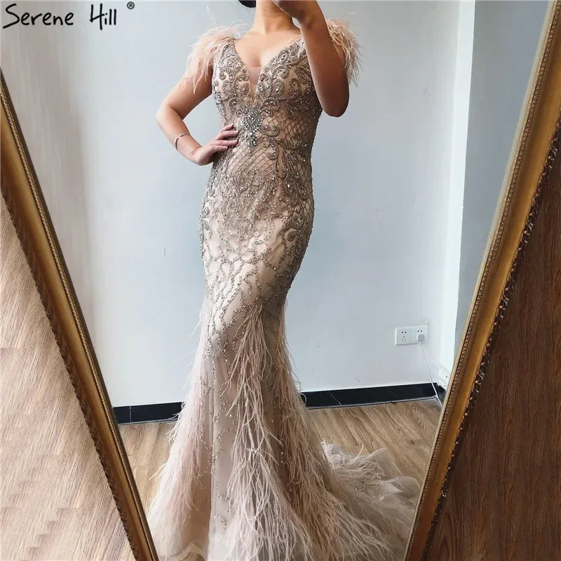 Serene Hill Champagne Mermaid Elegant Evening Dresses Diamond Feathers Sleeveless Formal Luxury Beaded 2024 LA70350 Smocked unclassified dresses