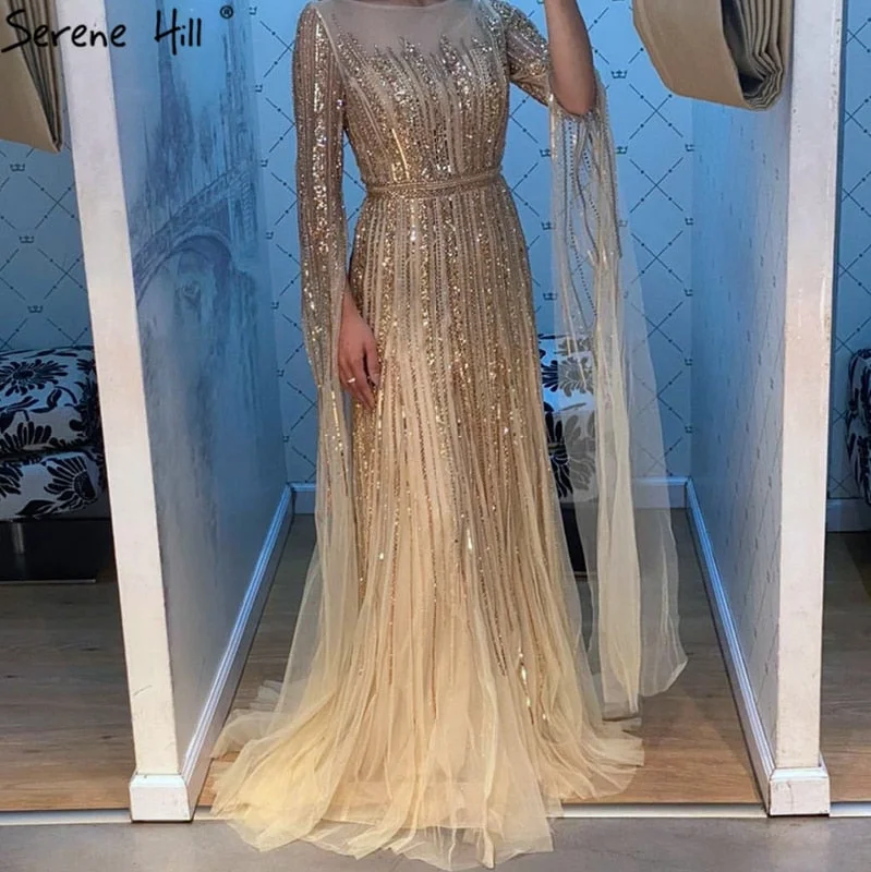 Serene Hill Luxury  Gold  Beading A-Line  Cape Sleeves Evening  Gown For Woman Dresses 2024 Fromal Dress  LA70637 Vacation unclassified dresses