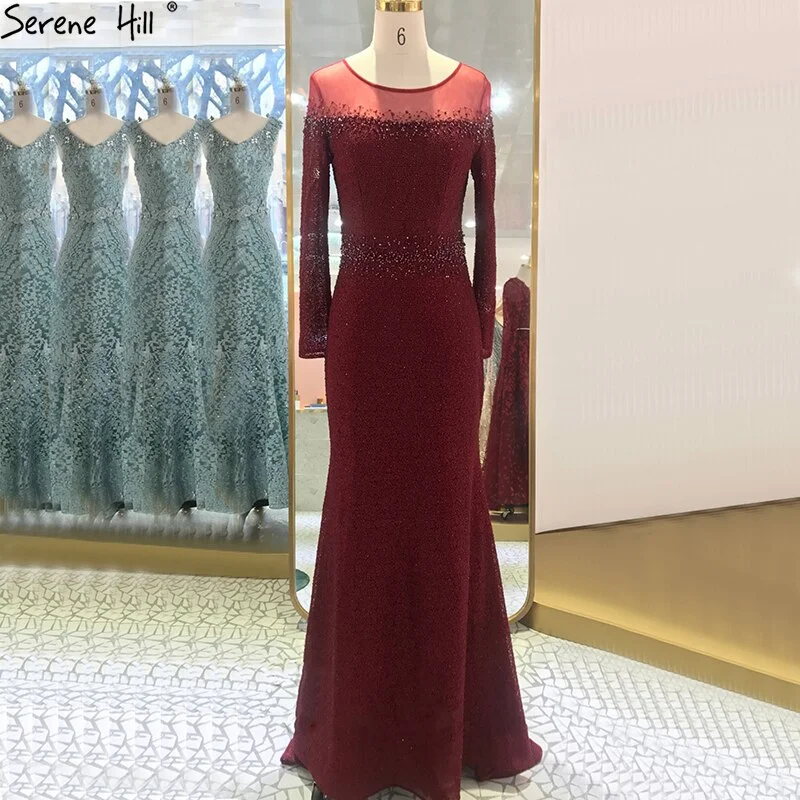 Serene Hill Mermaid Wine Red O-Neck Evening Gowns 2024 Lone Sleeves Beading Luxury Formal Dress Design LA70730 Spring unclassified dresses