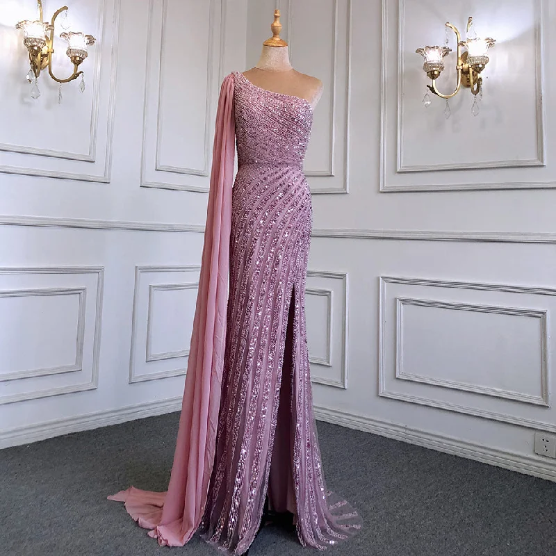 Serene Hill Pink Mermaid Elegant One-Shoulder Cape Sleeve Evening Dresses Gowns 2024 High Split Luxury  Beaded LA71708 Budget-friendly unclassified dresses