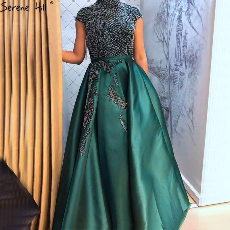 Serene Hill Satin Green A-Line Beading  Evening Gowns 2024 Dubai High Collar Cap Sleeves Formal Dress Design LA70761 Comfortable unclassified dresses