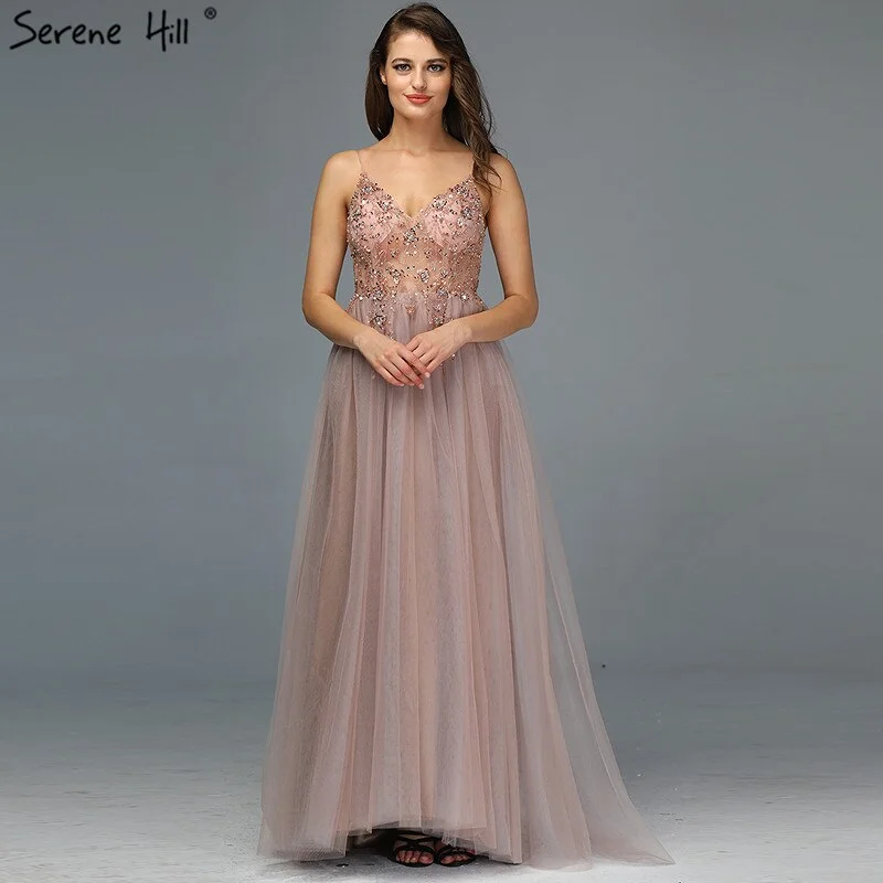 Sexy Spaghetti Straps Evening Dresses 2024 V-Neck Rhinestones Beading Formal Prom Gowns with Split robe de soiree LA60963 Flowy unclassified dresses