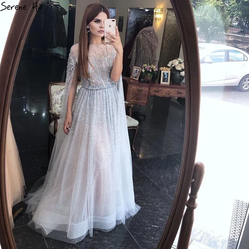 Sliver Arabic Luxury Beading Cape Sleeves  A-Line Evening Dresses 2024 O-Neck A-Line Sexy Evening Gowns cerene Hill LA60869 Minimalist unclassified dresses