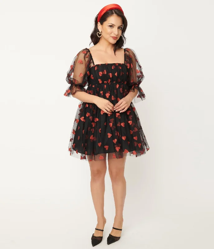 Smak Parlour Black & Red Glitter Hearts Love Interest Babydoll Dress (XS, S and M ONLY) Floral unclassified dresses