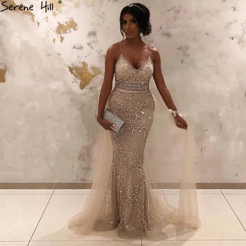 Spaghetti Strap  Sexy Nude Silver Mermaid Luxury Beaded   Evening Dresses  Gowns For Woman 2024Formal Dress Serene Hill LA70370 Bodycon unclassified dresses