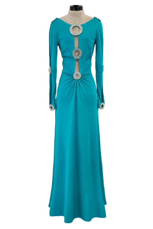 Spectacular Early 1970s Loris Azzaro Plunging Turquoise Silk Jersey w Open Rhinestone Rings Silk unclassified dresses