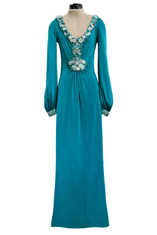 Spring 1971 Loris Azzaro Turquoise Silk Jersey Dress w Dense Bead & Pailettes Embellishments Party unclassified dresses