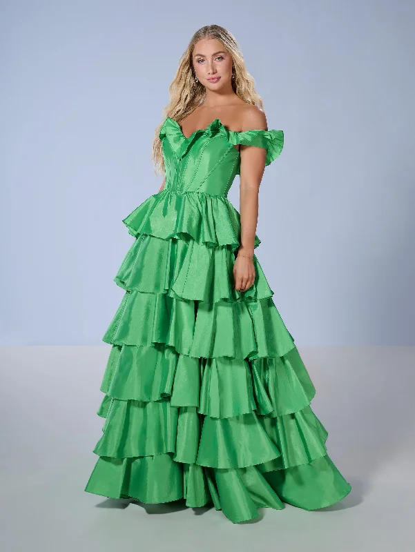 Taffeta Off Shoulder Tiered Gown by Tiffany Designs 16175 Club unclassified dresses