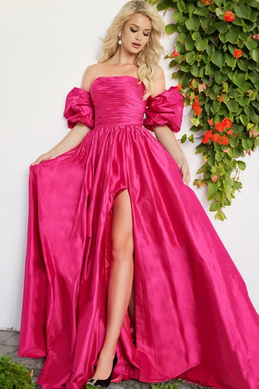 Taffeta Puff Sleeve A-line Slit Gown by Jovani 24099 Tulle unclassified dresses