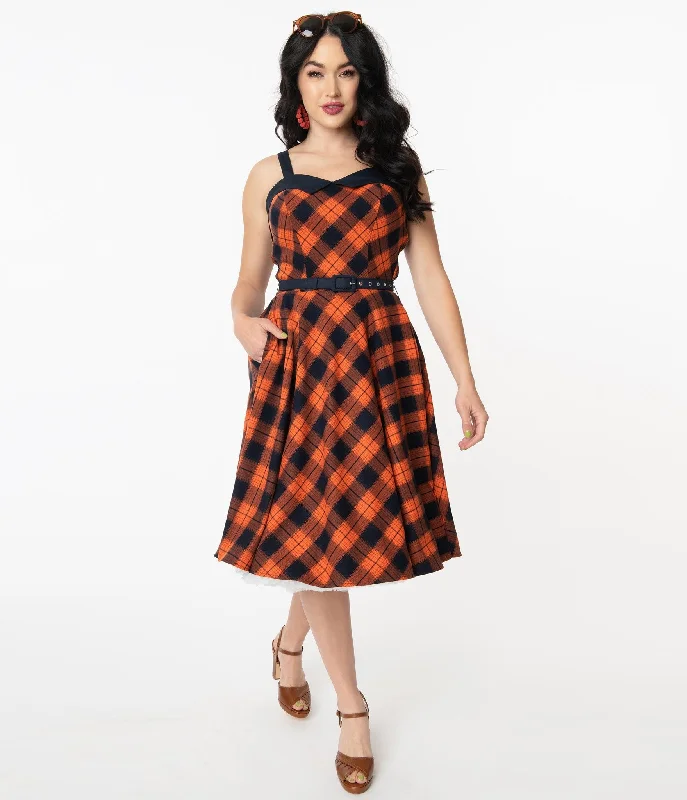 Unique Vintage Orange & Dark Navy Plaid Rachel Swing Dress (L  ONLY) Holiday unclassified dresses