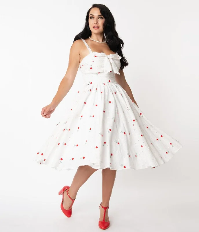 Unique Vintage White Eyelet & Red Roses Golightly Swing Dress (L ONLY) Best-selling unclassified dresses