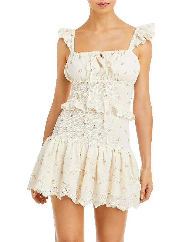 Womens Eyelet Short Mini Dress Faded Denim Skirt