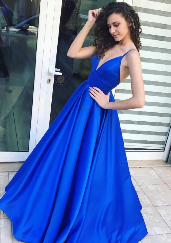 A-line/Princess V Neck Sleeveless Long/Floor-Length Satin Corset Prom Dress outfits Front Slit Maxi