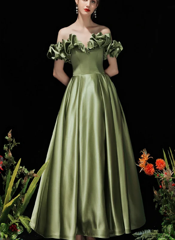 A-line Satin Off Shoulder Green Long Evening Dress, Green Formal Dress Prom Dress Elegant Maxi Skirt