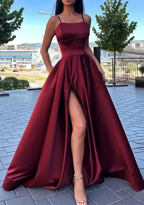 A-line Square Neckline Spaghetti Straps Long/Floor-Length Satin Corset Prom Dress With Split Pockets Gowns Midi Maxi Skirt