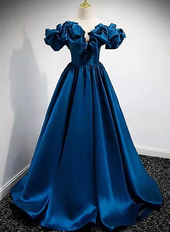 Blue Satin Long Off Shoulder A-line Prom Dress, Blue Sweetheart Evening Dress Sexy Long Skirt