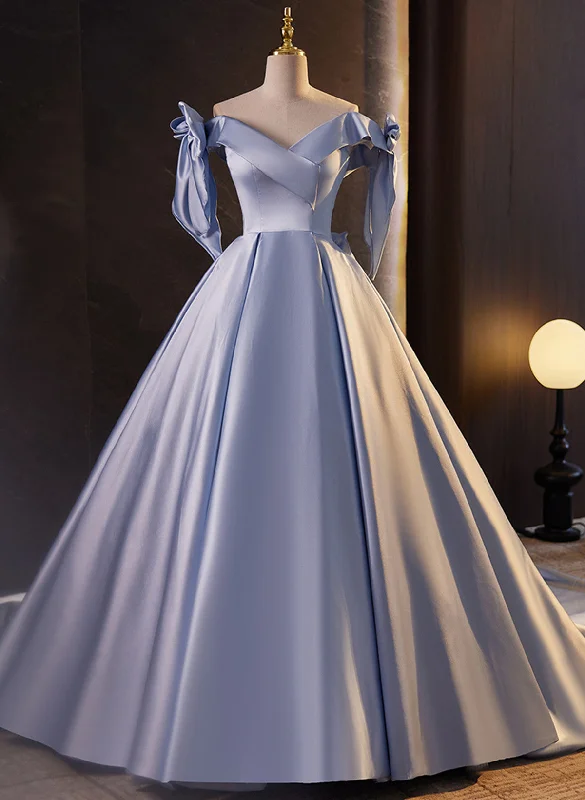 Blue Satin Off Shoulder Long Evening Dress Formal Dress, Blue Satin Prom Dress Flowy Maxi Skirt