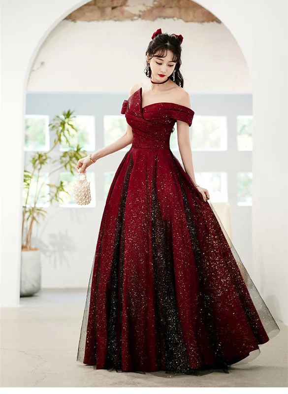 Chic Red and Black Off Shoulder Satin Evening Dress, Red and Black Long Prom Dress Cozy Maxi Skirt