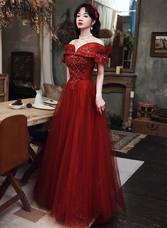 Chic Wine Red Off Shoulder Tulle Long Formal Dress, A-line Wine Red Prom Dress Full Maxi Skirt