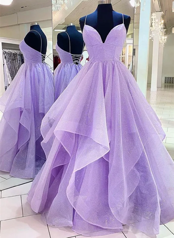 Lavender Tulle Long A-Line Prom Dress, Lavender Beautiful Spaghetti Strap Evening Dress Summer Maxi Skirt