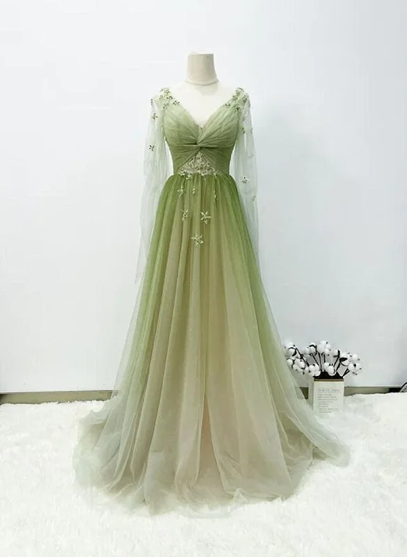 Lovely Green A-line Tulle Gradient Long Sleeves Evening Dress, Green A-line Long Prom Dress Midi Maxi Outfit