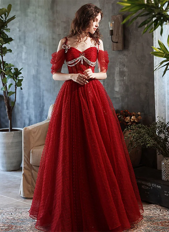 Lovely Wine Red Sweetheart Long Evening Dress, Wine Red Tulle Prom Dress Flowy Maxi Skirt