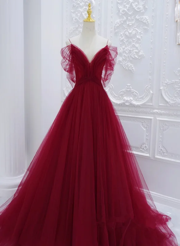 Red Off Shoulder Tulle A-line Formal Dress, Red Tulle Long Evening Dress Prom Dress Maxi Skirt Classic