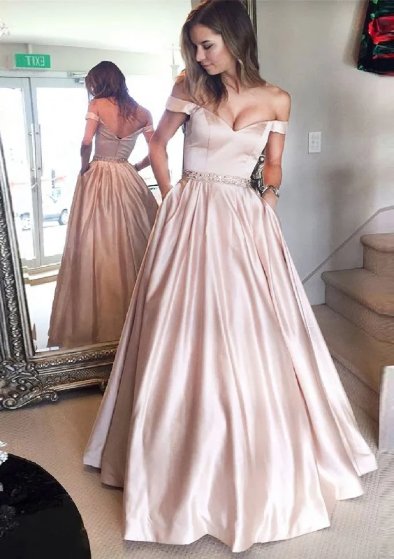 Satin Corset Prom Dress A-Line/Princess Off-The-Shoulder Long/Floor-Length With Beaded outfit Maxi Skirt Dress