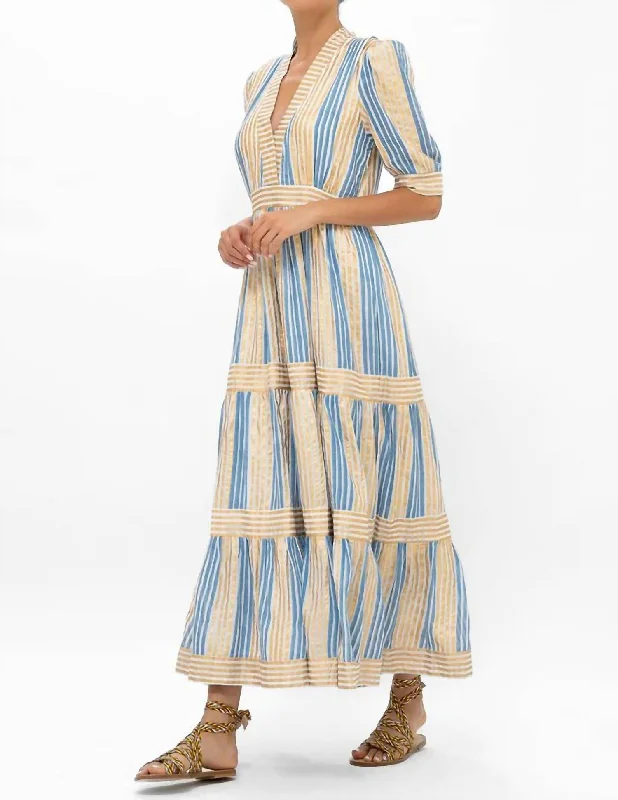 V-Neck Cuffed Maxi Dress In Blue/gold Midi Maxi Outfit