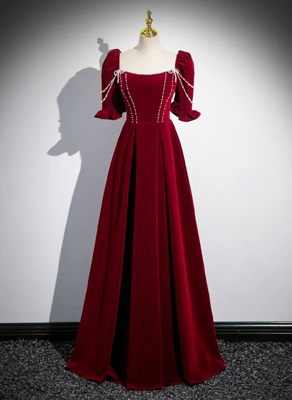 Wine Red A-line Velvet Long Bridesmaid Dress, Wine Red Long Prom Dress Elegant Long Skirt