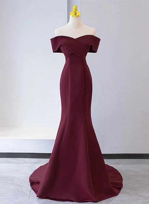 Wine Red Mermaid Lace-up Satin Long Formal Dress, Wine Red Off Shoulder Evening Dress Comfortable Maxi Skirt