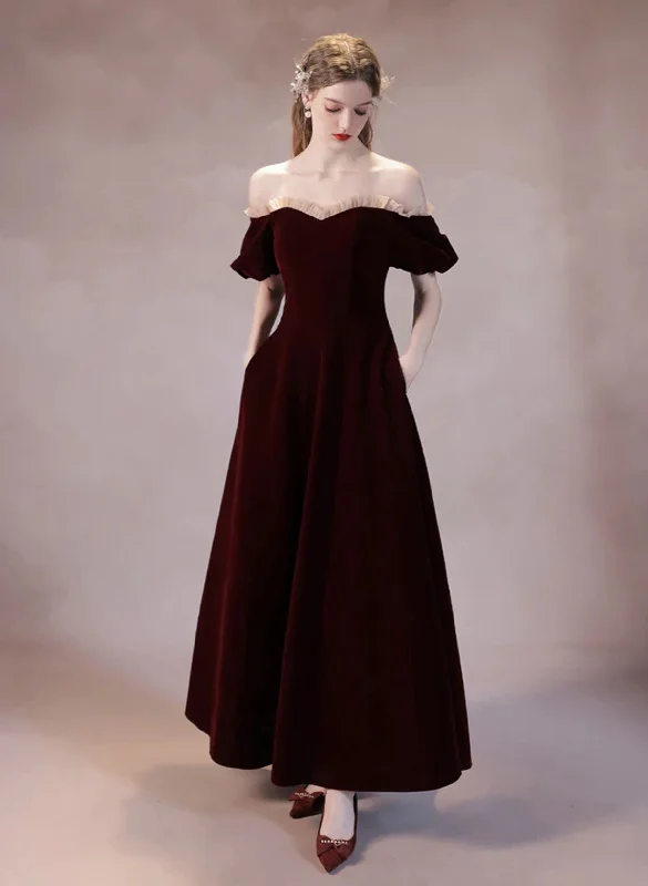 Wine Red Off Shoulder Velvet Long Formal Dress, Wine Red Evening Dress Prom Dress Comfortable Long Skirt