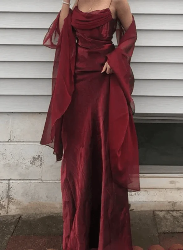 Wine Red Satin Long Spaghetti Straps Simple Prom Dress, Wine Red Long Formal Dress Maxi Skirt Glam