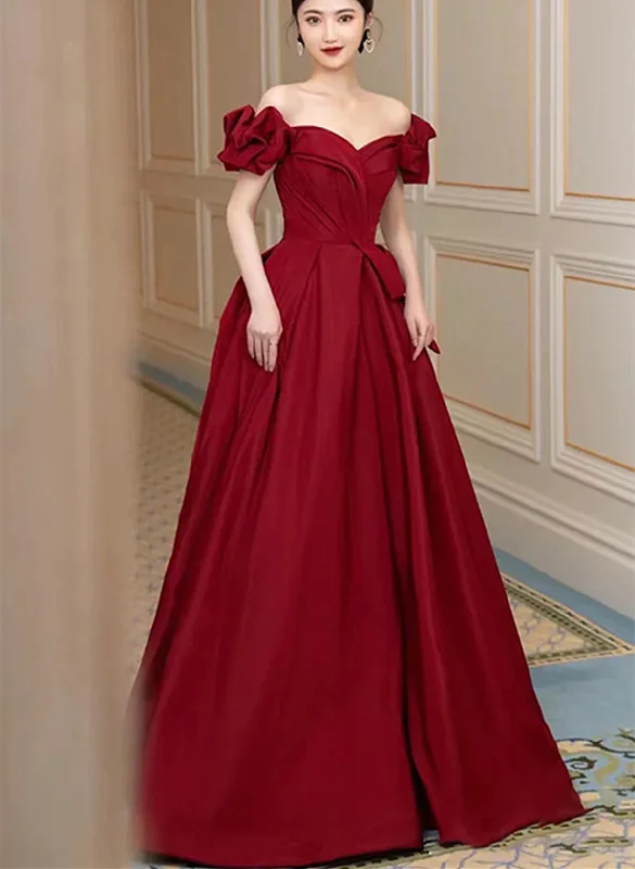 Wine Red Satin Off Shoulder Sweetheart Long Evening Dress, Wine Red A-line Prom Dress Wrap Maxi Skirt