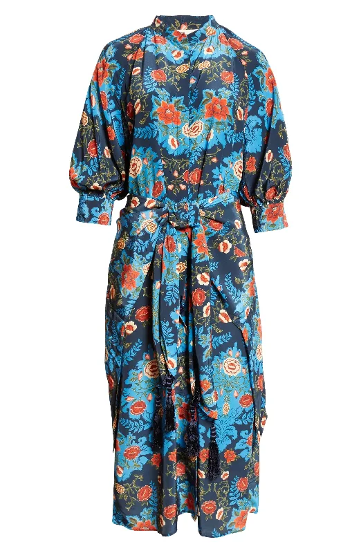 Farm Rio Women's Tie Front Midi Dress, Arabesque Floral Blue Soft Wool Midi