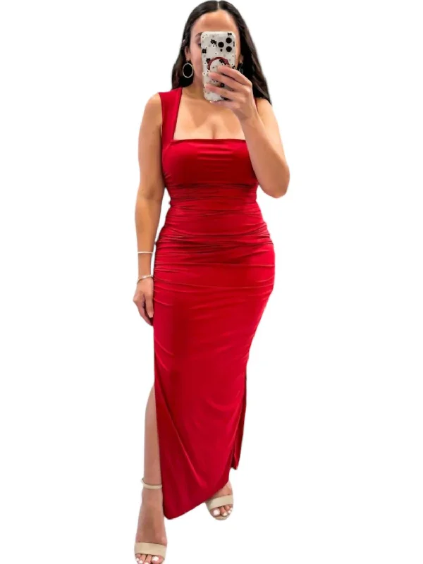 Fashion Week Ruched Midi Dress In Cherry Red Classic A-line Skirt