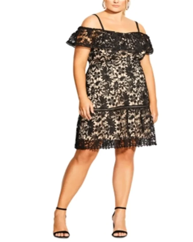 City Chic Women's Plus Embroidered Lace Off the Shoulder Dress Black Size Petite Small | Black Lace Dress Look