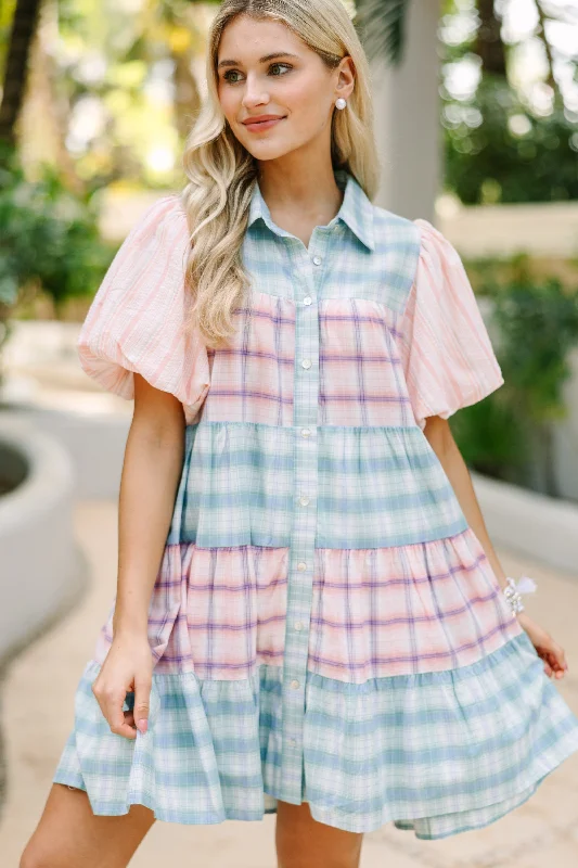 Happy Place Blue & Pink Plaid Dress Lace Wedding Dress