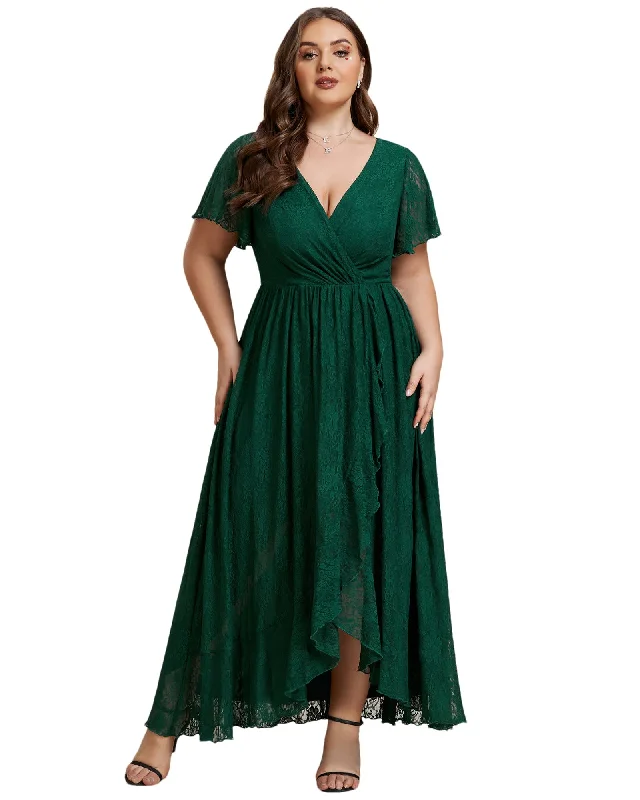 Short Sleeve Ruffled V-Neck A-Line Lace Evening Dress | Dark Green Off-the-shoulder Lace