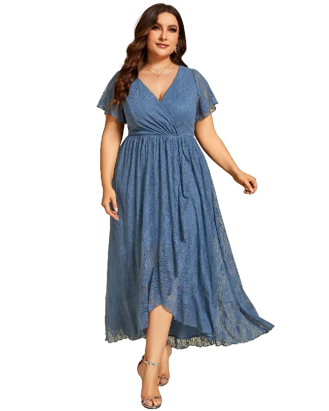 Short Sleeve Ruffled V-Neck A-Line Lace Evening Dress | Dusty Navy Lace Dress Twirl