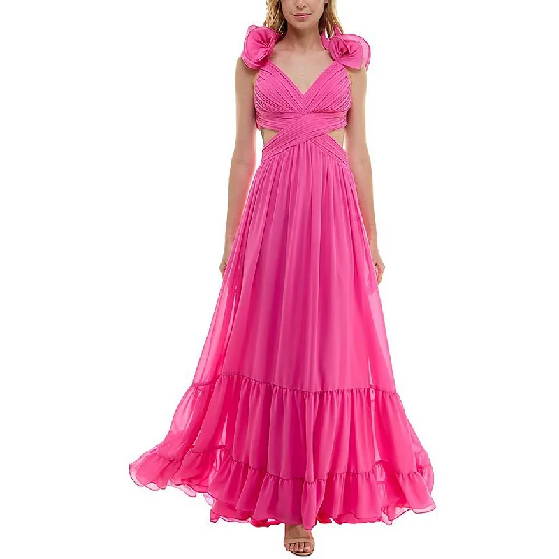 Womens Lace-Up Ruffled Evening Dress Lace Dress with Belt